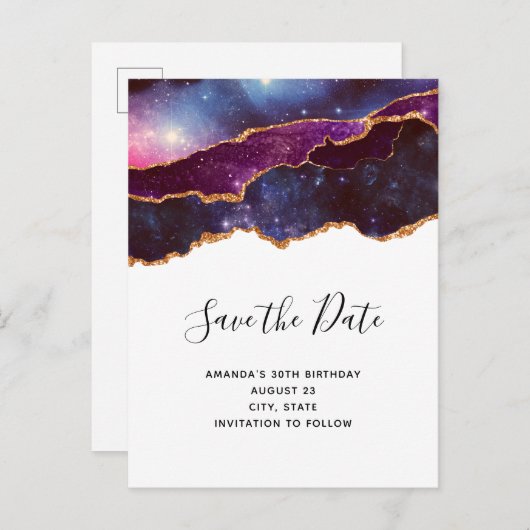 Blauwe & Paarse Ruimte & Sterren Modern Sla de dat Uitnodiging Briefkaart (Voorkant / Achterkant)