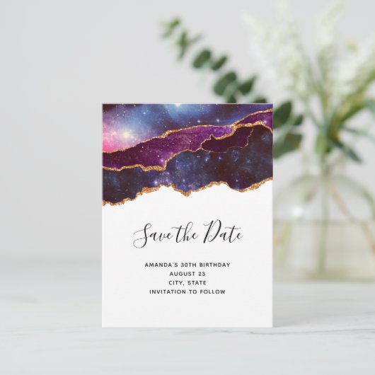 Blauwe & Paarse Ruimte & Sterren Modern Sla de dat Uitnodiging Briefkaart (Staand voorkant)