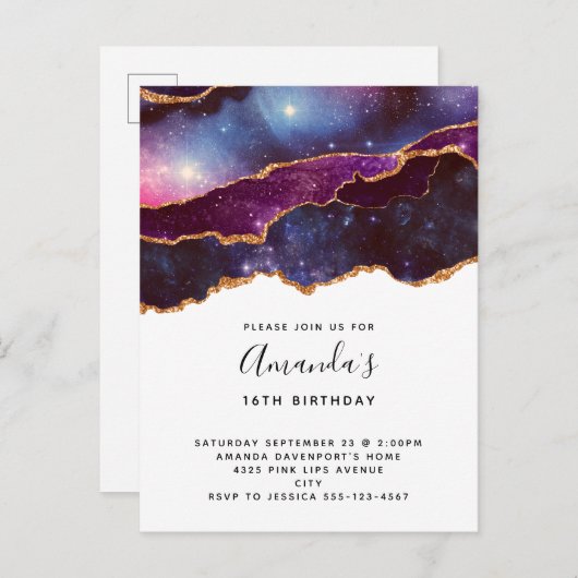 Blauwe & Paarse Ruimte & Sterren Moderne Verjaarda Uitnodiging Briefkaart (Voorkant / Achterkant)