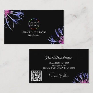 Blauwe Paarse Ster Bloem op Zwart met Logo QR Code Visitekaartje