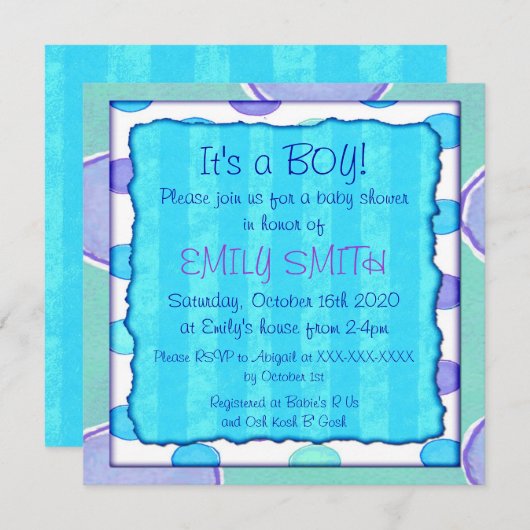 Blauwe paarse stripe doucheuitnodigingen kaart (Voorkant / Achterkant)