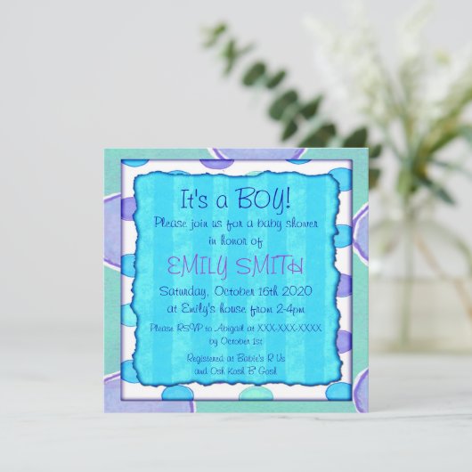 Blauwe paarse stripe doucheuitnodigingen kaart (Staand voorkant)