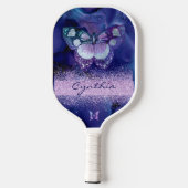 Blauwe Paarse Vlinder en Glitter Monogram Naam Pickleball Paddle (Achterkant)