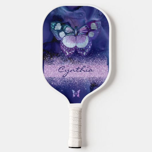 Blauwe Paarse Vlinder en Glitter Monogram Naam Pickleball Paddle (Achterkant)