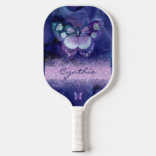 Blauwe Paarse Vlinder en Glitter Monogram Naam Pickleball Paddle (Voorkant)