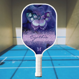 Blauwe Paarse Vlinder en Glitter Monogram Naam Pickleball Paddle