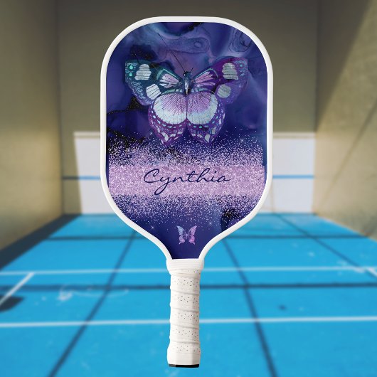 Blauwe Paarse Vlinder en Glitter Monogram Naam Pickleball Paddle