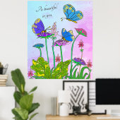 Blauwe & Paarse Vlinders Bloementuin - Natuur Poster (Thuiskantoor)