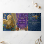 Blauwe, Paarse vlinders, uilen, betoverd bos Drieluik Uitnodiging (Binnen)