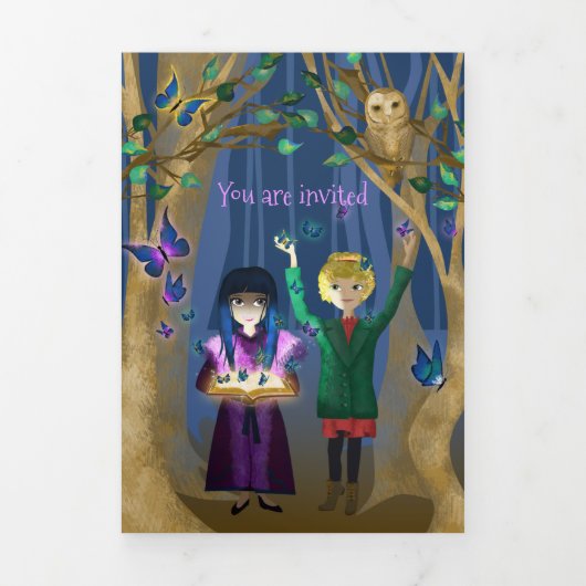 Blauwe, Paarse vlinders, uilen, betoverd bos Drieluik Uitnodiging (Cover)