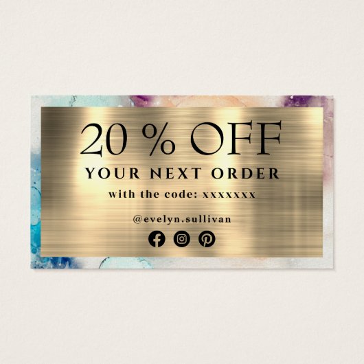 Blauwe paarse waterverf bedankt voor je kortingska visitekaartje (Achterkant)