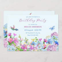 Blauwe Paarse Waterverf Bloem Bloem Verjaardag