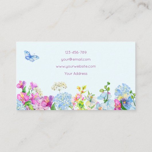 Blauwe Paarse Waterverf Bloem Bloem Visitekaartje (Achterkant)