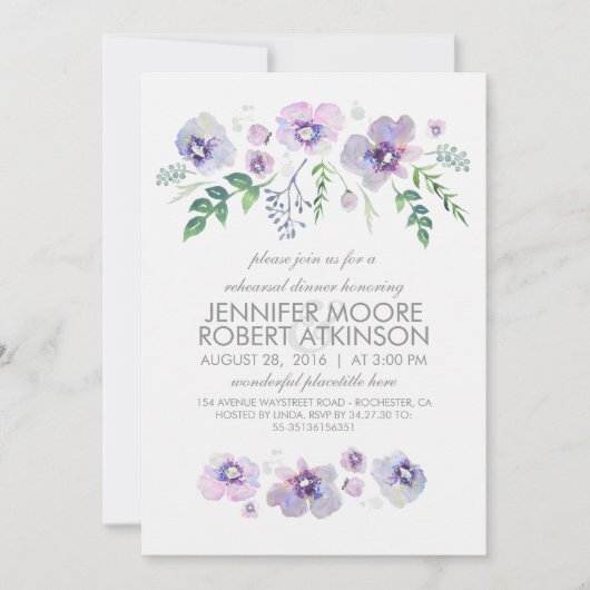 Blauwe Paarse Waterverf Bloemen Repetitie Diner Kaart (Voorkant)