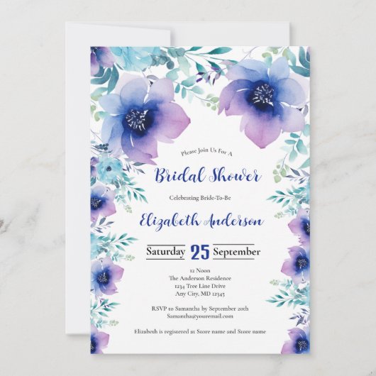 Blauwe Paarse Waterverf Bloemen Vrijgezellenfeest Kaart (Voorkant)