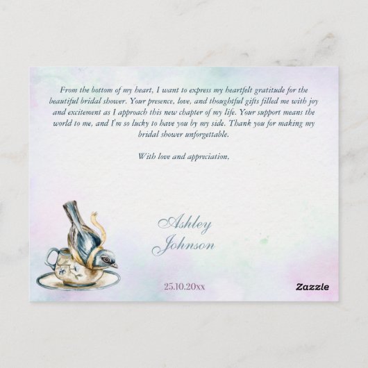 Blauwe paarse waterverf bloementheefeest bedankt briefkaart (Achterkant)