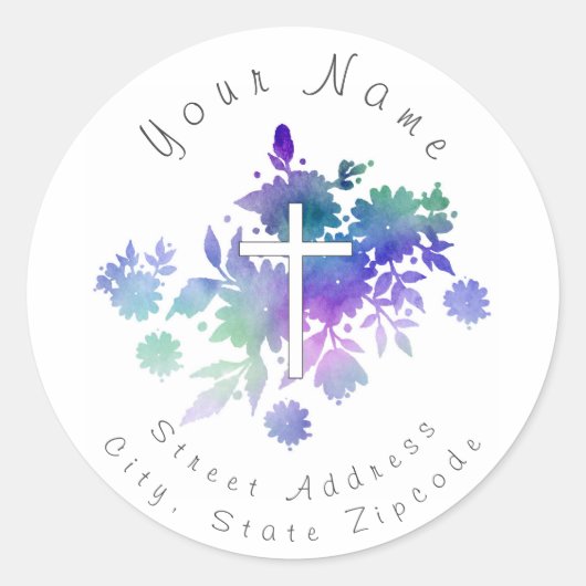 Blauwe Paarse Waterverf Bouquet en kruislabel Ronde Sticker (Voorkant)
