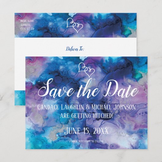 Blauwe Paarse Waterverf Bruiloft Save the Date Briefkaart (Voorkant / Achterkant)