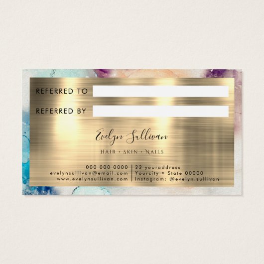 Blauwe Paarse Waterverf en Gold Foil verwijzingska Visitekaartje (Achterkant)