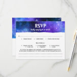 Blauwe Paarse Waterverf Galaxy Bat Bar Mitzvah RSVP Kaartje<br><div class="desc">Op zoek naar coole galaxy bat bar mitzvah RSVP-kaarten die geschikt zijn voor maaltijdopties en een aantal andere details waar je je gast op wilt laten reageren? Creëer uw eigen waterverf rsvp kaarten op een leuke buitenruimte galaxy DIY sjabloon die gemakkelijk te personaliseren is met uw gegevens. Raphaela Wilson illustreert...</div>