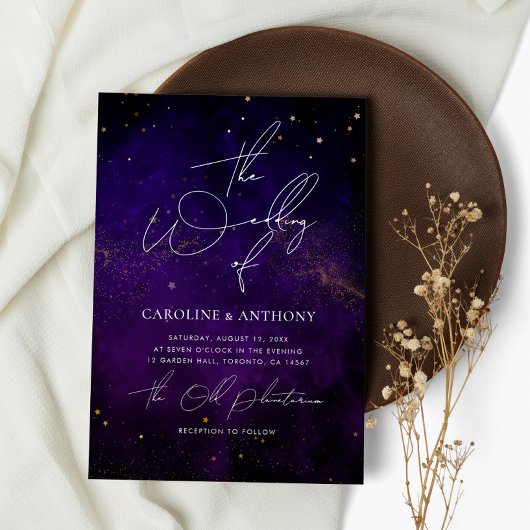 Blauwe Paarse Waterverf Magical Gold Wedding Kaart