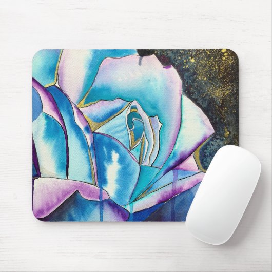 Blauwe paarse waterverf roos kunst muismat (Met muis)