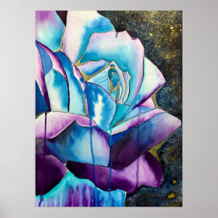 Blauwe paarse waterverf roos kunst poster
