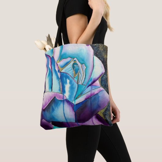 Blauwe paarse waterverf roos kunst tote bag (Dichtbij)