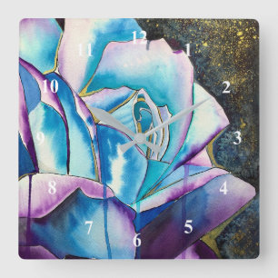 Blauwe paarse waterverf roos kunst vierkante klok