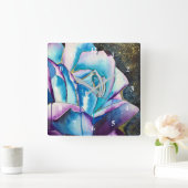 Blauwe paarse waterverf roos kunst vierkante klok (Huis)