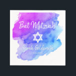 Blauwe Paarse Waterverf Star van David Bat Mitzvah Servet<br><div class="desc">Perfecte moderne cocktail wegwerp papieren servetten in blauw turquoise paarse waterverf ontwerp met witte davidster. Bat Mitzvah eenvoudig te personaliseren door naam en optiedatum toe te voegen. Perfect voor meisje Joodse religieuze ceremonie</div>