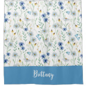Blauwe Paarse Waterverf Wildflower Monogram Douchegordijn (Voorkant)