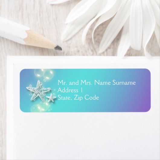 Blauwe paarse zeester bubbels etiket (Insitu)