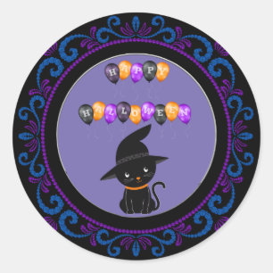 Blauwe Paarse zwarte kat Happy Halloween-ballonnen Ronde Sticker