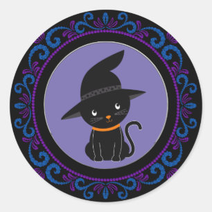 Blauwe Paarse zwarte kat met heks Pet Halloween Ronde Sticker