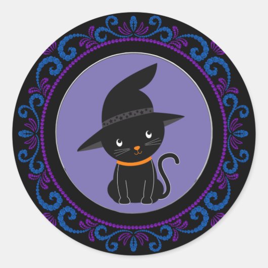 Blauwe Paarse zwarte kat met heks Pet Halloween Ronde Sticker (Voorkant)