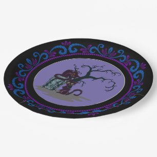 Blauwe Paarse zwarte katten Tombstone Tree Hallowe Papieren Bordje