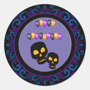 Blauwe Paarse zwarte schedels Happy Halloween Ball Ronde Sticker