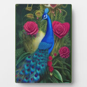 Blauwe pacock in roze Roos tuin Fotoplaat (voorkant)