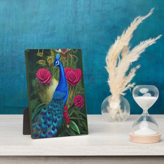 Blauwe pacock in roze Roos tuin Fotoplaat (Zijkant)