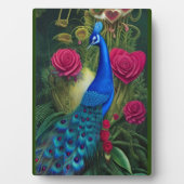 Blauwe pacock in roze Roos tuin Fotoplaat (voorkant)