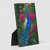 Blauwe pacock in roze Roos tuin Fotoplaat (Zijkant)