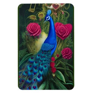 Blauwe pacock in roze Roos tuin Magneet