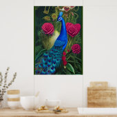 Blauwe pacock in roze Roos tuin Poster (Keuken)