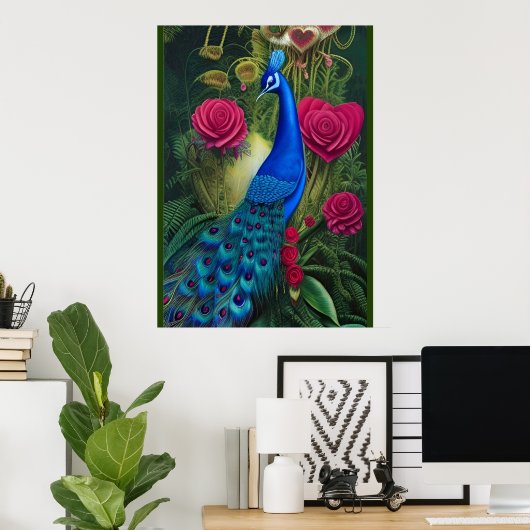 Blauwe pacock in roze Roos tuin Poster (Thuiskantoor)