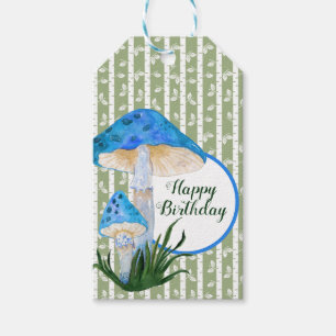 Blauwe paddenstoelen op Aspen Birthday Cadeaulabel