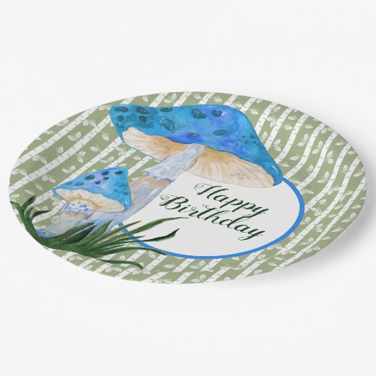 Blauwe paddenstoelen op Aspen Birthday Papieren Bordje (Gekanteld)