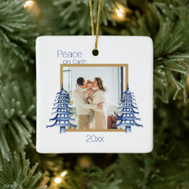 Blauwe Pagoda Kerstbomen 2-foto Vrede op Aarde Keramisch Ornament