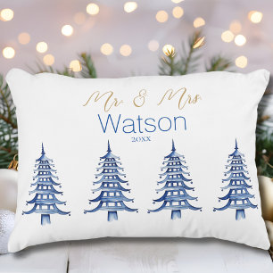 Blauwe Pagode Kerstboom Mijnheer en Mevrouw Accent Kussen