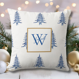 Blauwe pagode kerstboom monogram patroon kussen
